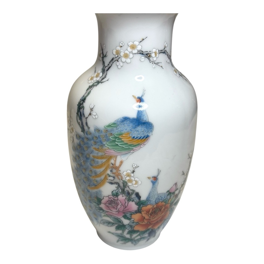 Fine China Japan Porcelain Vase Peacock Cherry Blossom White Gold Trim Floral 6” - Picture 2 of 7